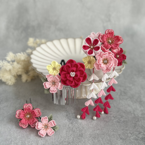 つまみ細工 七五三かんざしセット（3歳さん向け）チェリーピンク 黄色