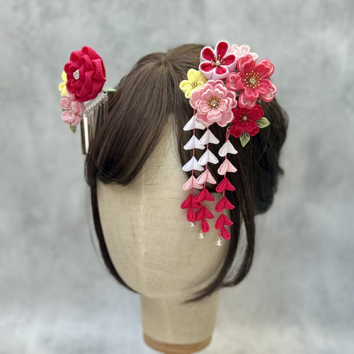 つまみ細工 七五三かんざしセット（3歳さん向け）チェリーピンク 黄色