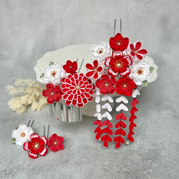 七五三髪飾りセット つまみ細工 7歳 かんざし 日本髪 朱色×桜色 6-55 七五三（7歳さん以上向け）桜かんざしセット ピンク つまみ細工