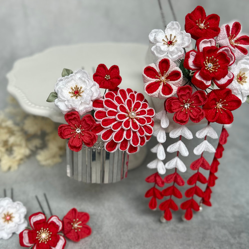 再々販 つまみ細工 髪飾り 簪セット 赤 七五三 卒業式 成人式 成人式 七五三 つまみ細工かんざし 椿 梅 桜 赤 水色 薄藍