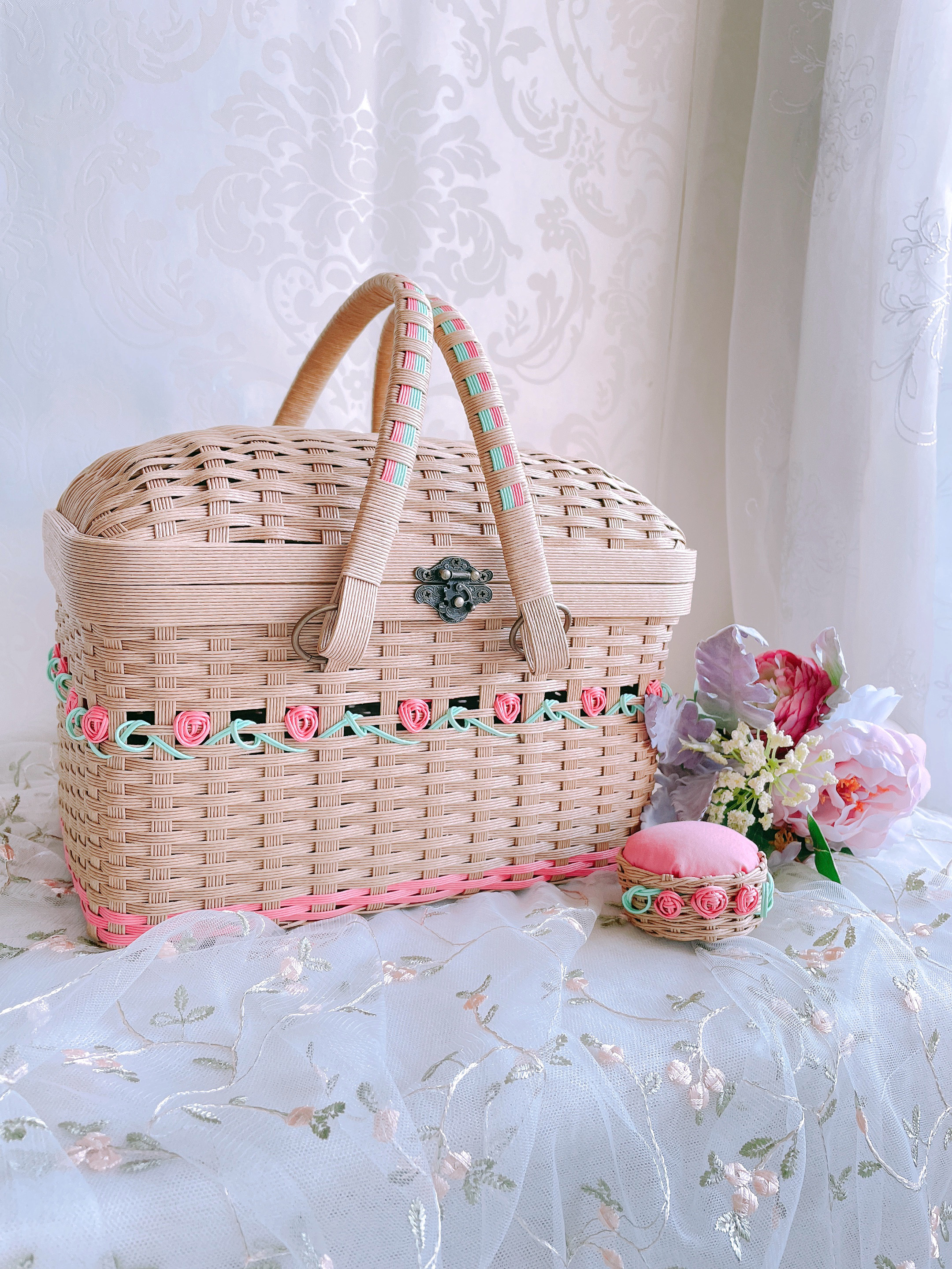 ローズ ハンドメイド レース バスケット サエラ風 薔薇