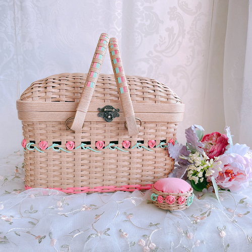 ミニローズのバスケット〜Lサイズ【コーラルピンク】裁縫箱