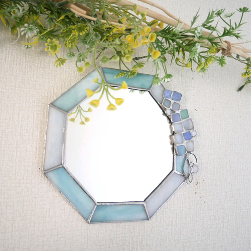 ✴︎:.。 黄色の八角形の鏡♪ (size20㎝/max22㎝） ステンドグラス