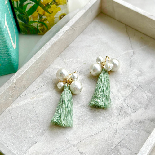 再販】コットンパール＊タッセル＊ピアス/イヤリング ピアス（フック 