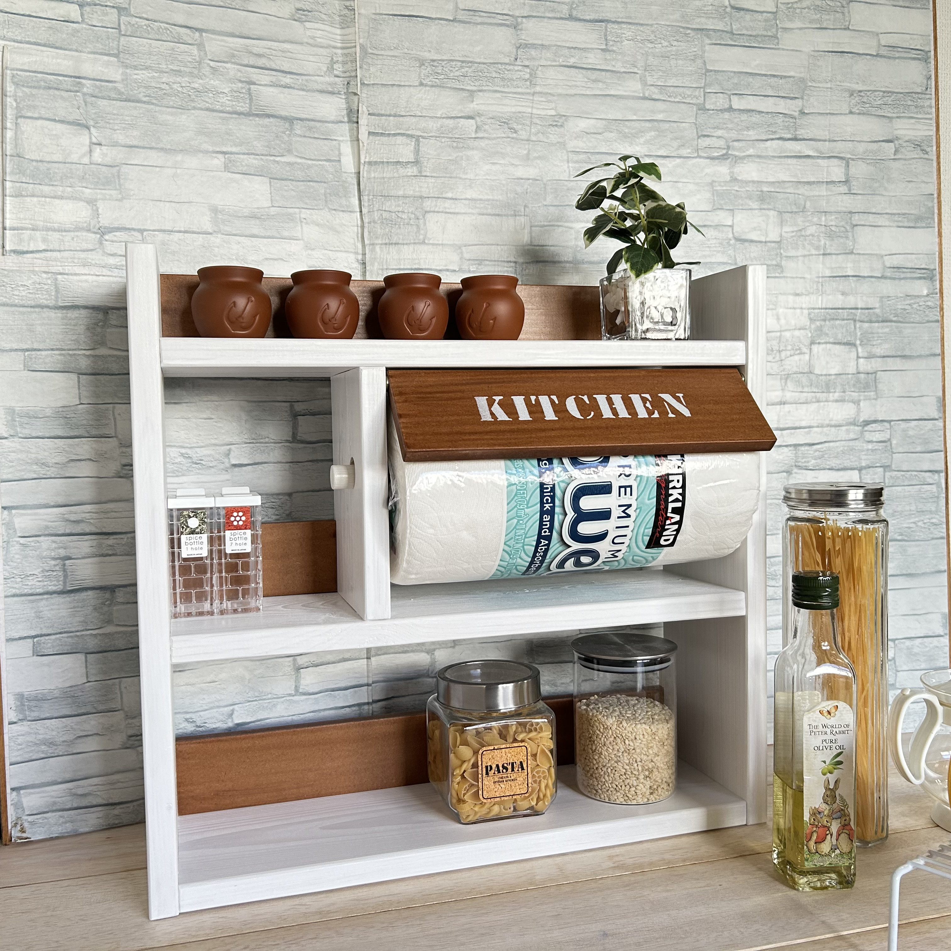 奥行14ｃｍ　コストコキッチンペーパー対応3段スパイスラック(ワイド)中段 ホワイトxチーク色