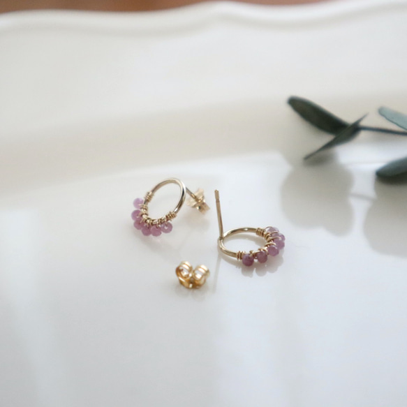｛ピアス/イヤリング｝14kgf/half fleur earrings ピンクサファイア(9月誕生石） 5枚目の画像