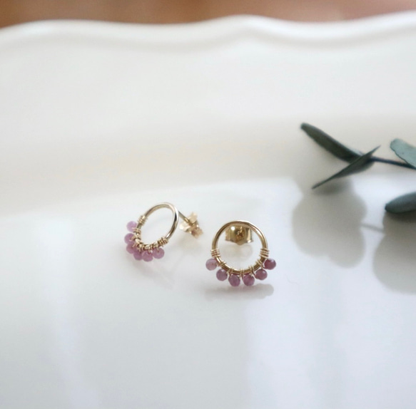 ｛ピアス/イヤリング｝14kgf/half fleur earrings ピンクサファイア(9月誕生石） 4枚目の画像