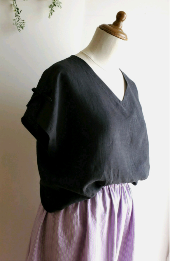＊くったりリネン＊Vネック＊フレンチドルマンブラウス♪黒 3枚目の画像