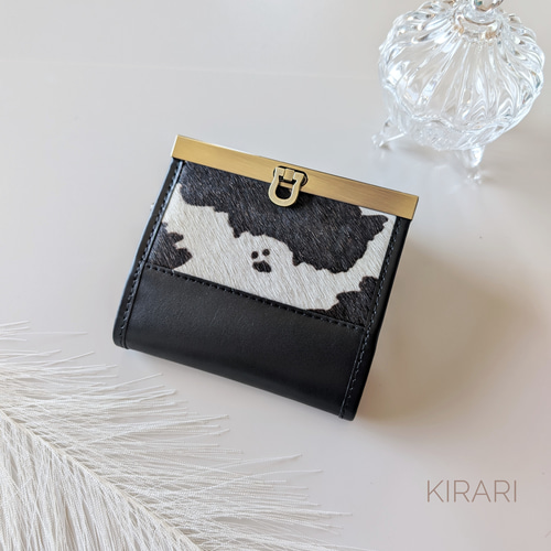 お札が折らずに入るミニ財布】本革×ホルスタイン柄ハラコ 黒色 軽量