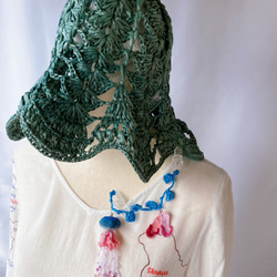 日除け・日焼け防止UVカット　手編みチューリップハット　透かし模様のたためるレディース用お帽子　くすみブルー　青 11枚目の画像