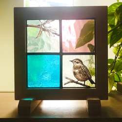 絵付けステンドグラス ミニパネル/つぐみと桜/額付き その他