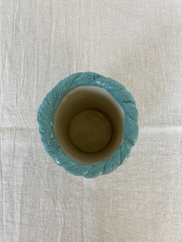 陶器 籠編み花瓶(青) 7枚目の画像