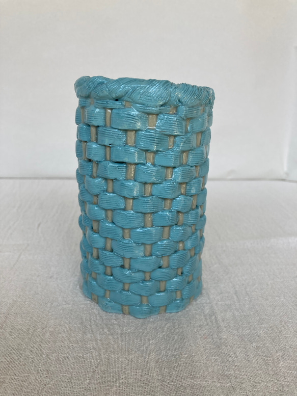 陶器 籠編み花瓶(青) 5枚目の画像