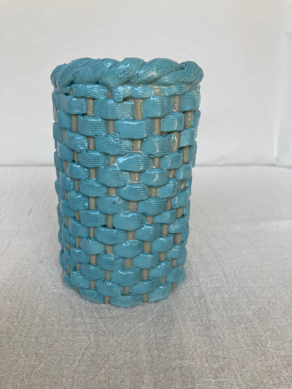 陶器 籠編み花瓶(青) 4枚目の画像