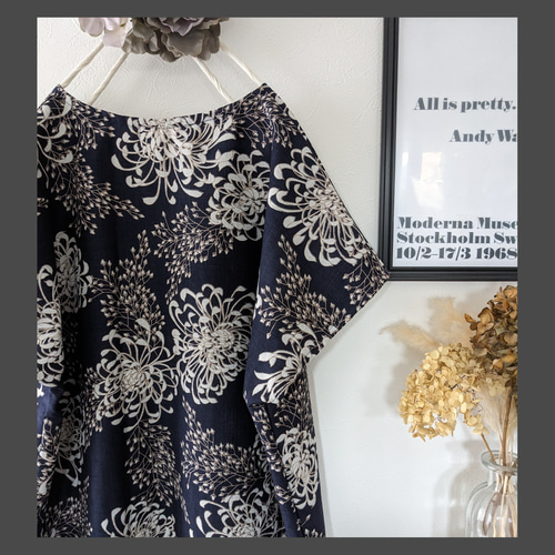＊茶々丸　美品　ふりふ　キクツバメ　花天井　切替ワンピース　ネイビー　和柄 ♥和柄 ネイビー菊の花 ワンピース♥半袖 日本風 ワンピース