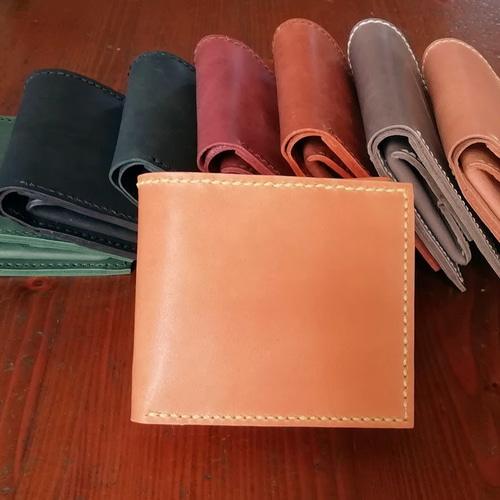 ２つ折り財布（山吹色） ボックス型小銭入れ 革小物 レザークラフト