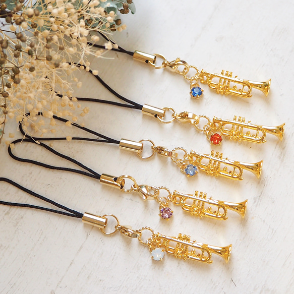 【ストラップ】ミニチュア楽器と選べる誕生石・イニシャルのストラップ 11枚目の画像