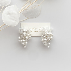 【籽珠珍珠花束耳環/耳環】白色 第1張的照片