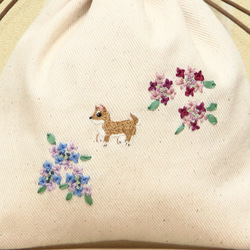 巾着　手刺繍　柴犬と紫陽花 6枚目の画像
