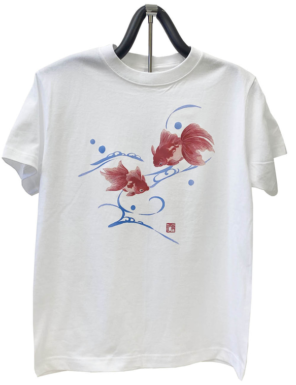 浴衣風　手染め京友禅Tシャツ 金魚　白 1枚目の画像