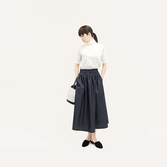 色落ちしない 岡山デニムで ずっときれいに 濃紺 ギャザー ロングスカート ●IRIS-FORTE● 6枚目の画像