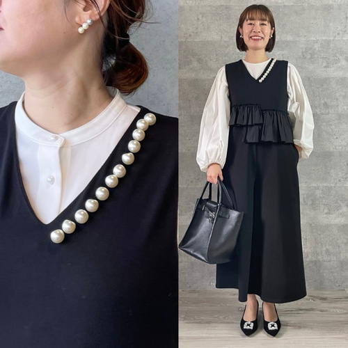 洗える】すっきりVネック 重ね着コットンオールインワン 黒【フリー