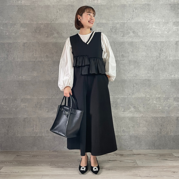 ラスト①【洗える】大粒パールすっきりVネックオールインワン 黒【フリー】入学式 フォーマル KMC-101 126660 2枚目の画像