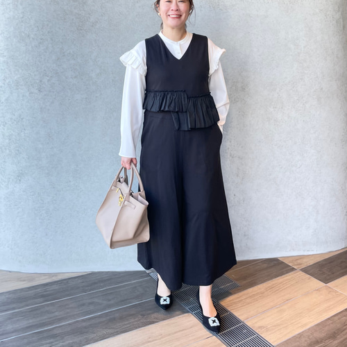 洗える】大粒パールすっきりVネックオールインワン 黒【フリー】卒業式