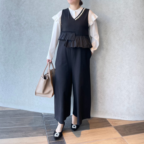 洗える】大粒パールすっきりVネックオールインワン 黒【フリー】卒業式