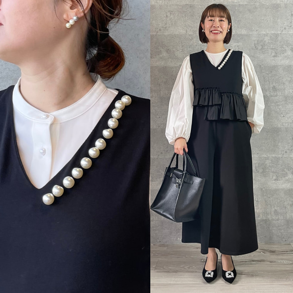 洗える】大粒パールすっきりVネックオールインワン 黒【フリー】卒業式