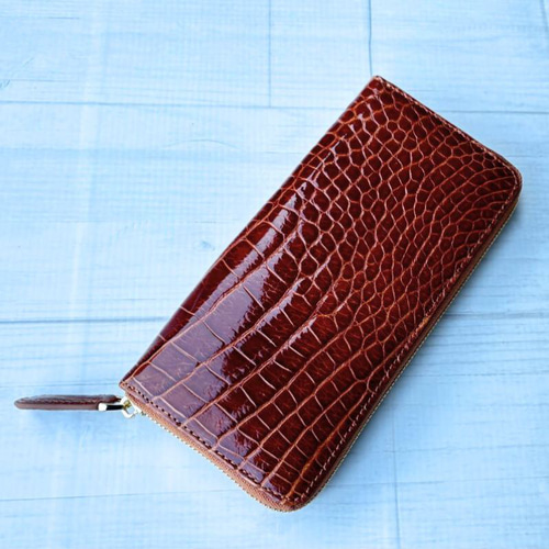 クロコダイル 長財布 高級 一枚革メンズ レディース　キャメル ブランド 快適生活 老舗メーカー製造！「高級クロコダイル長財布+姫路レザーキー