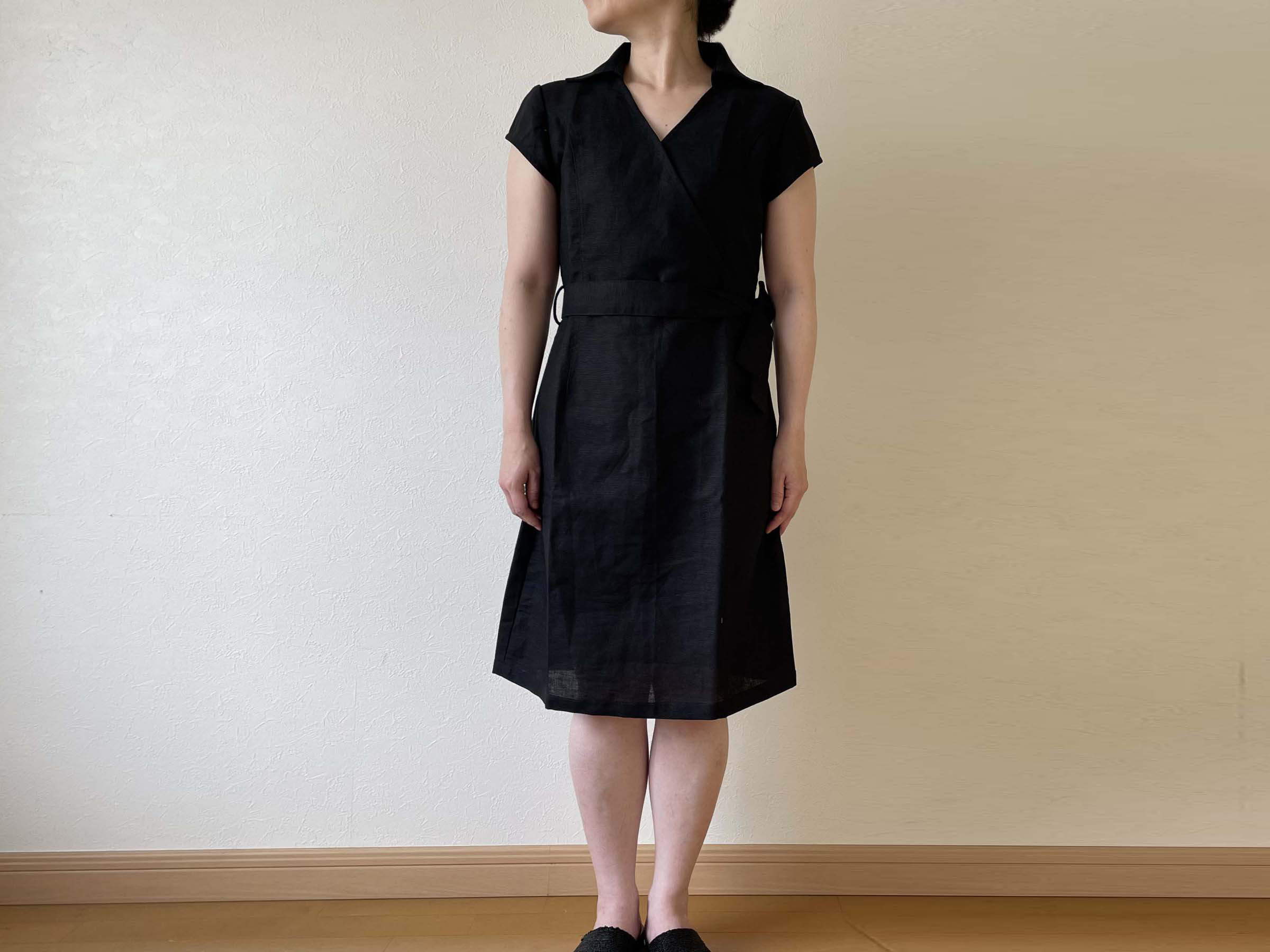 ワンピース リネン カシュクール風スタイル 黒 ブラック 無地 S～L