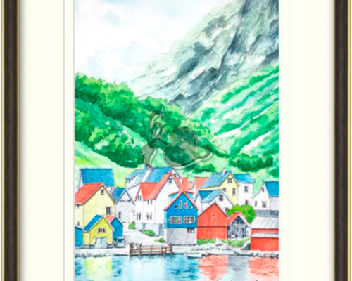 北欧 ノルウェー ベルゲン ヨーロッパ 風景画 水彩画 絵画 額縁