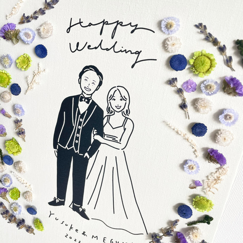 ドライフラワーと似顔絵のウェルカムボード シンプル ナチュラル お花