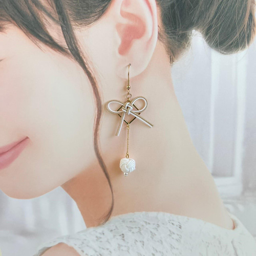 水引イヤリング・ピアス「叶」ベージュ ピアス（フック