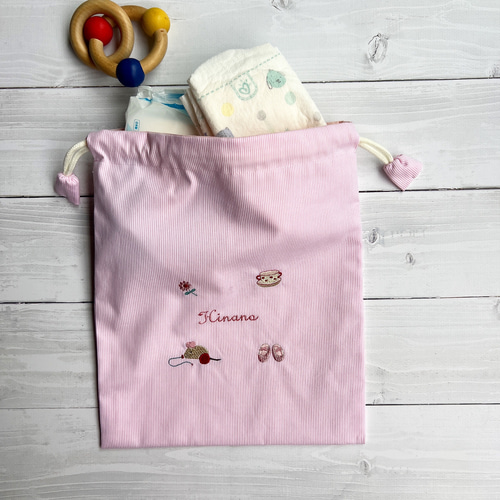 なまえ刺繍 オムツきんちゃく・マルチきんちゃく女の子用 ♡出産祝い