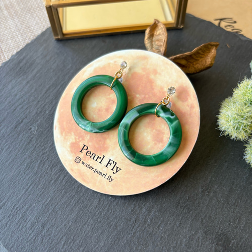グリーンマーブルフープ×ビジューピアス 樹脂/イヤリング/ビリジアン 