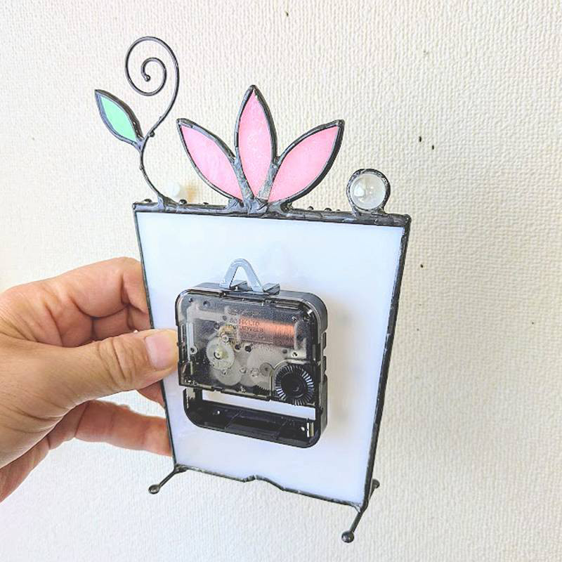 [プランタープランツ・翡翠と水色]ステンドグラスの掛け＆置き時計・受注制作