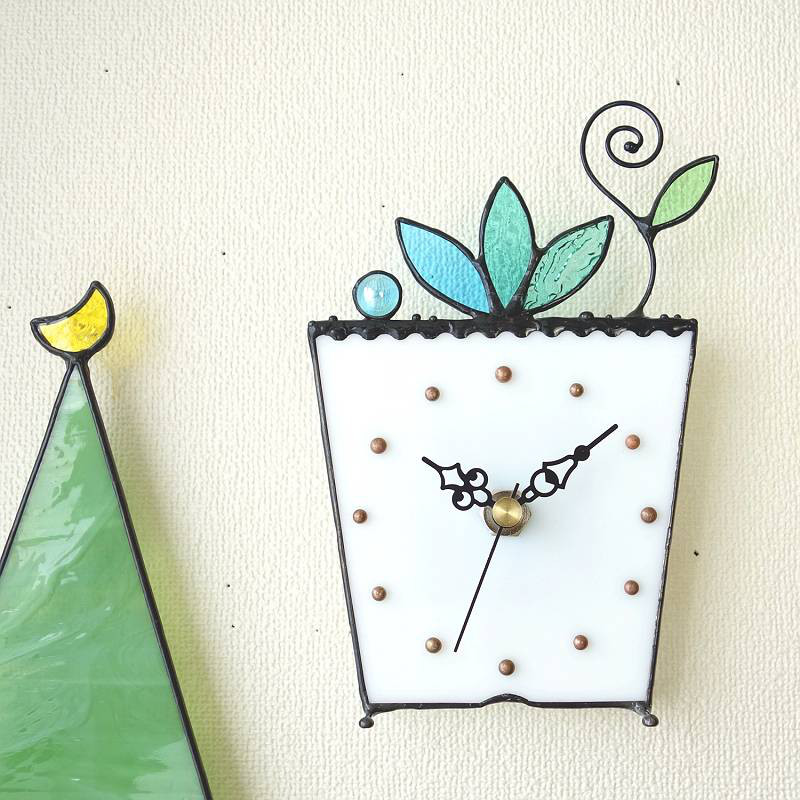 [プランタープランツ・翡翠と水色]ステンドグラスの掛け＆置き時計・受注制作