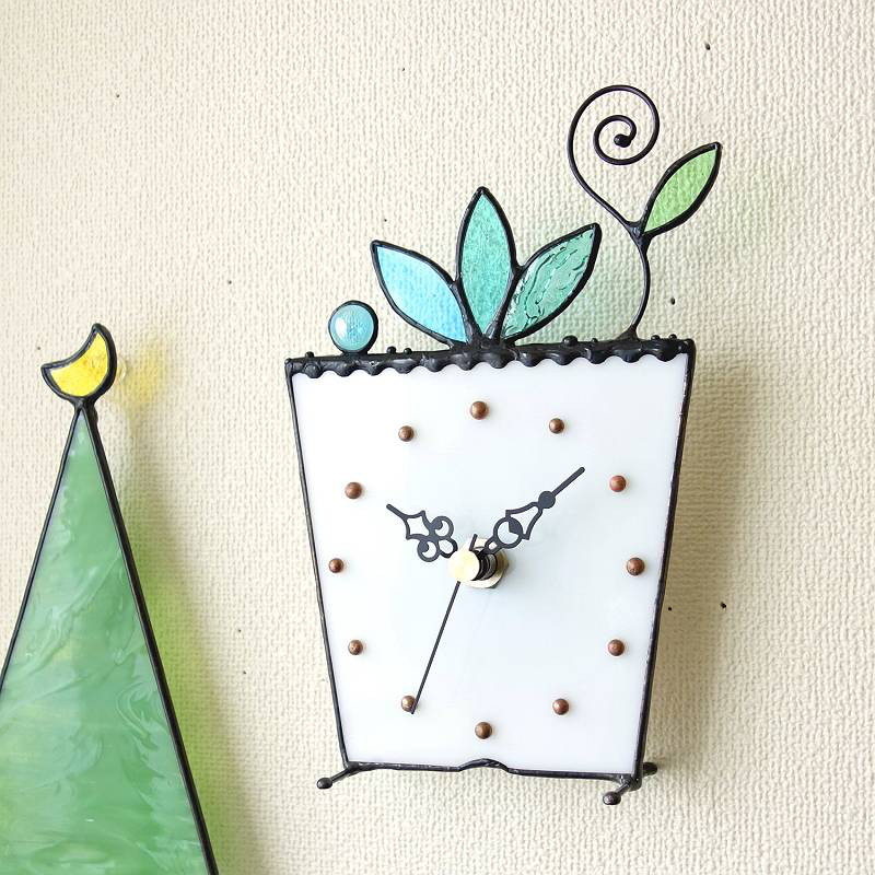 [プランタープランツ・翡翠と水色]ステンドグラスの掛け＆置き時計・受注制作