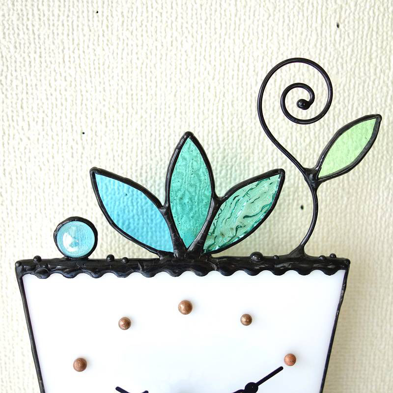 [プランタープランツ・翡翠と水色]ステンドグラスの掛け＆置き時計・受注制作