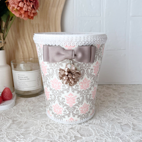 再販②蓋つきダストボックス ダマスク柄 グレー×ピンク ゴミ箱