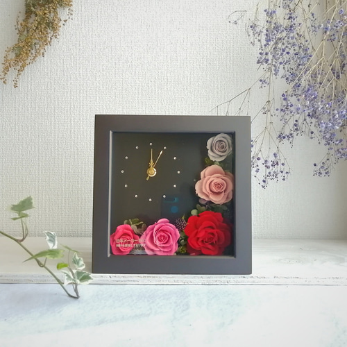プリザーブドフラワーのフラワー時計(ブラウン) 花時計 フレーム