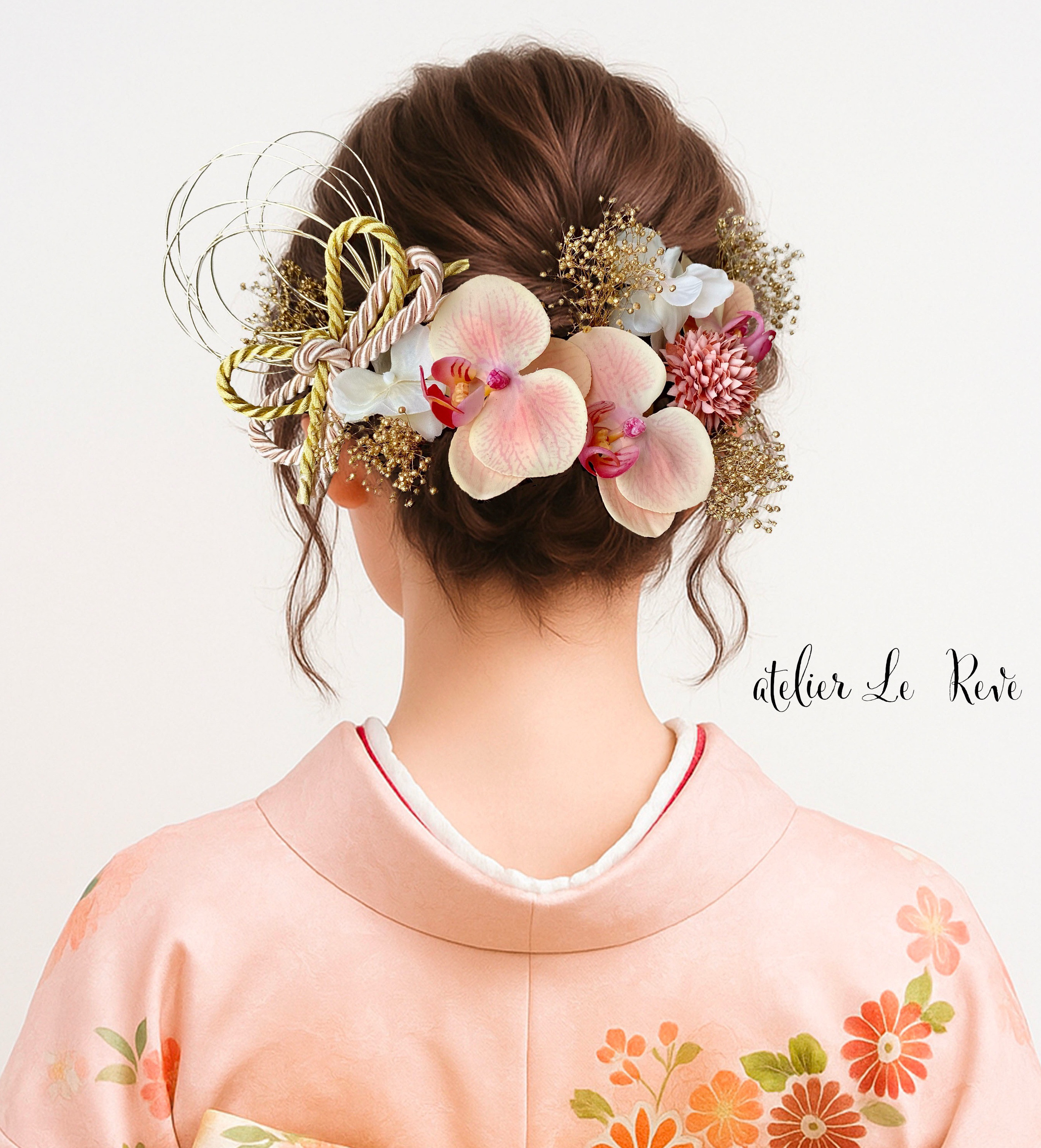 クリームピンク胡蝶蘭　水引ホワイトゴールド髪飾り　成人式　卒業式　結婚式　振袖　袴　色打掛　ピンク　胡蝶蘭　成人式髪飾り