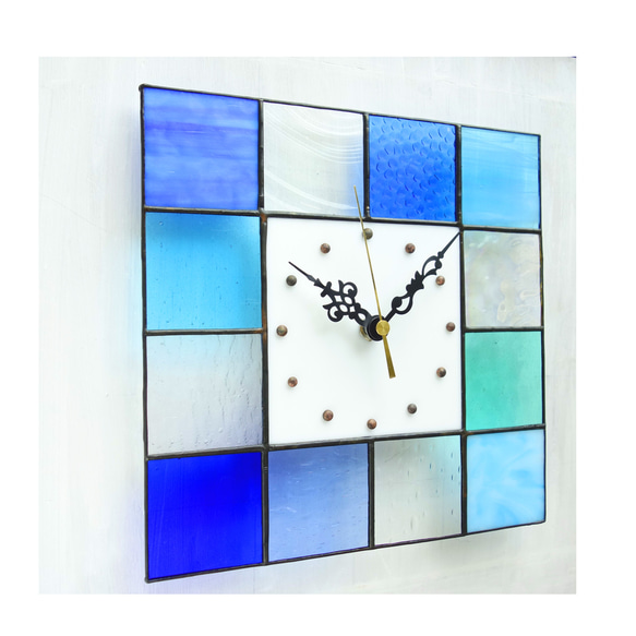 24㎝角・ステンドグラスの掛け置き時計・モザイクK24（青色系/イメージは海）受注制作 3枚目の画像