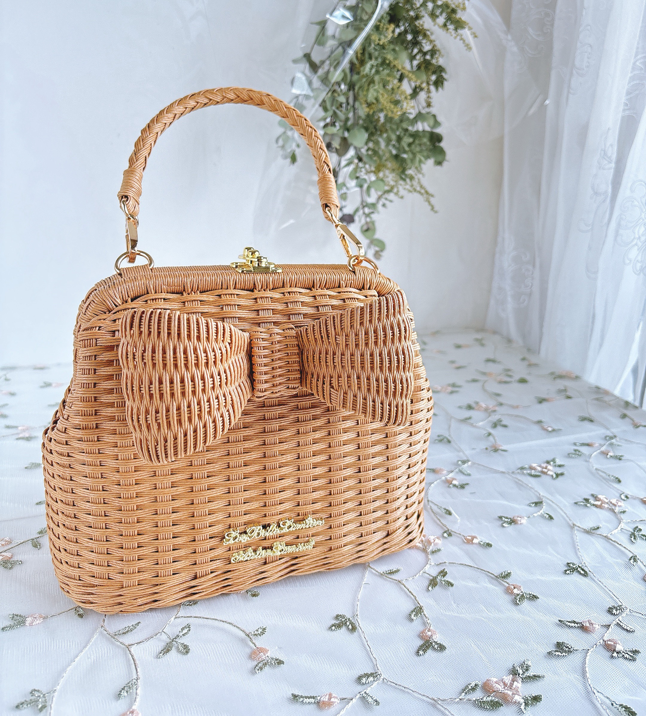 〜ナチュラリー＊2wayリボンポシェット〜 【モカ】がま口バッグ　かごバッグ　茶