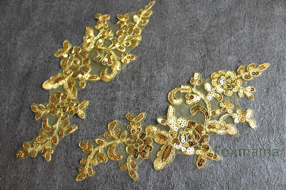 チュールコード刺繍モチーフ 1対 花 スパンコール付き 黄色x金色   (MFLB42GLSAJL) 4枚目の画像