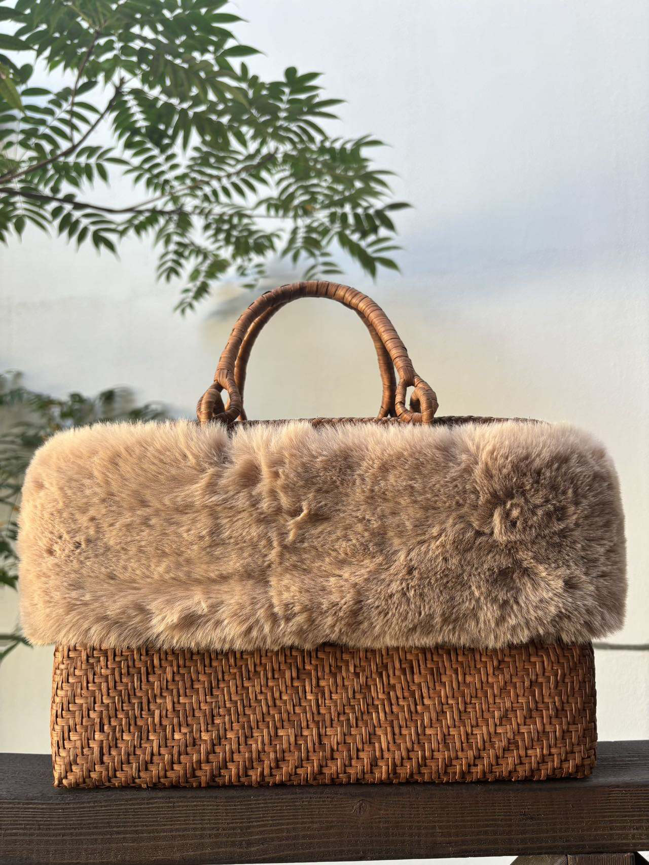 【秋冬】山葡萄かごバッグ　手作り　山葡萄籠バッグ　細ひご　網代編み　定番　ファー付き　内布あり