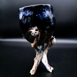 [作為禮物的貓陶器] 貓樹高腳杯 (Nyanmenju) 妖怪陶器 第4張的照片