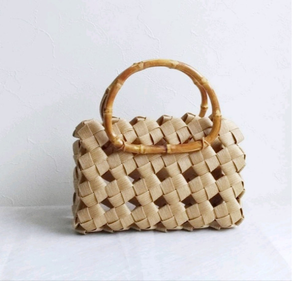 キラキラ大人のカゴバック 夏 涼やか 大人カゴバッグ M きなり beige 本革ハンドル ギフト